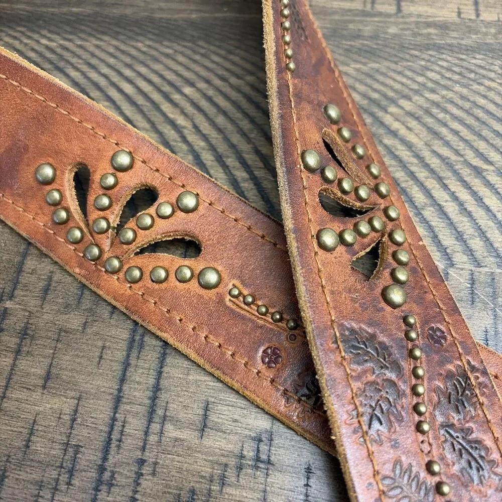 Express Brown Genuine Leather Floral Embossed Wide Studded Belt Women Size L